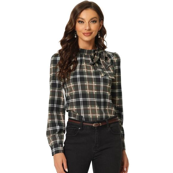 Bow Tie Neck Grid Checks Shirt Office Work Tops Blouses Brown Black - Picture 1 of 5